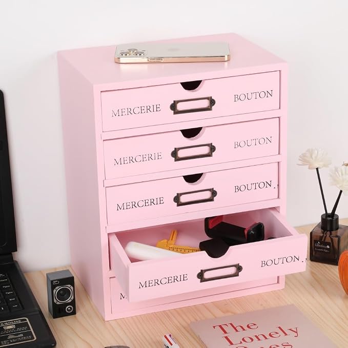 Small Wooden Drawers Wooden Box with Drawer, Pink 5 Wood Drawer | Countertop Storage Box for Apothecary Cabinet, Apothecary Drawers，Desktop Organizer for Office，Home - Image 5