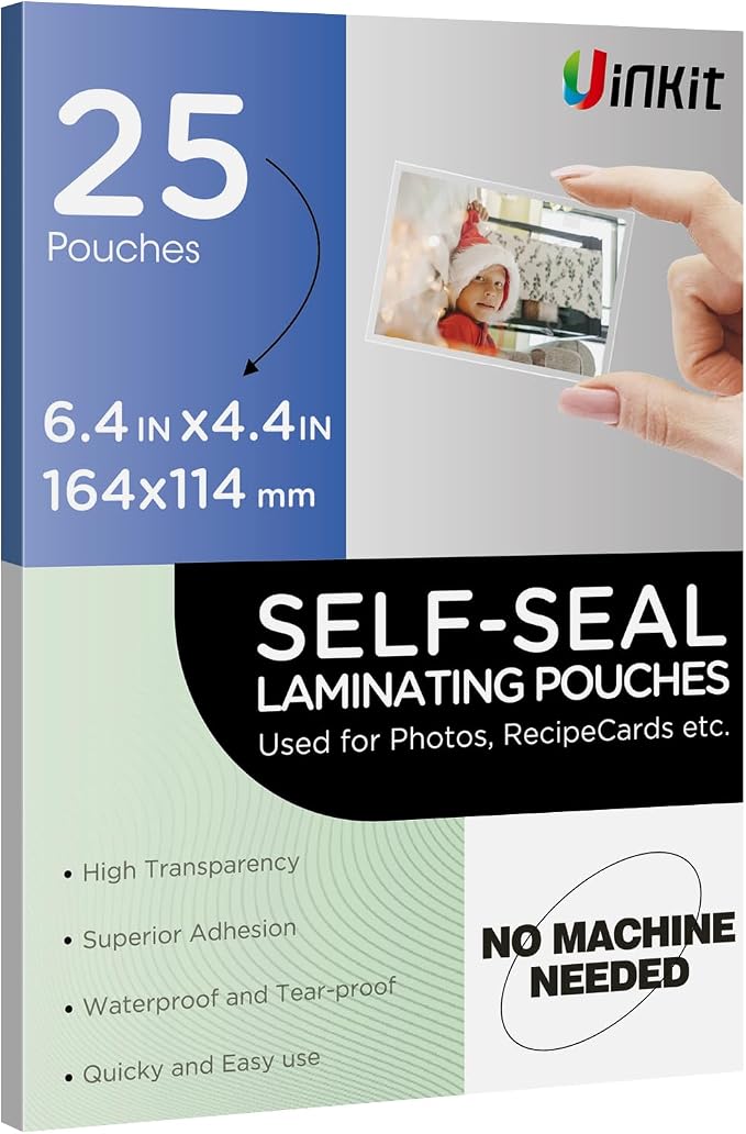 Uinkit 25Pack 4"x6" Self Seal Laminating Pouches, 10Mil Double-Sided for Recipe Cards & Photos, Waterproof Thick Plastic Sleeves to Preserve Pictures, Index Flashcards by UinkitHandicraftsandConservationSpecialist