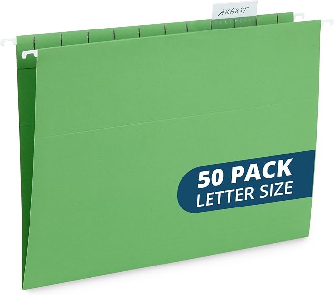 Blue Summit Supplies 50 Hanging File Folders, Letter Size, Green | Reinforced letter size, 1/5 cut tabs, plastic tabs and inserts included, for filing cabinet, home, and office by BlueSummitSupplies