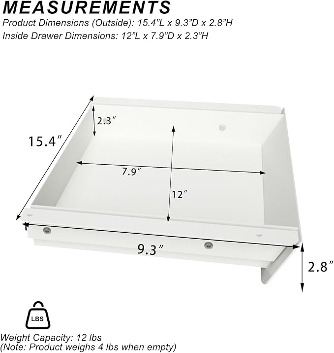 White Under Desk Mounted Sliding Drawer with 60 Degree Tilt Panel to pull out, 15'' long & 9'' deep Large Storage Organizer for Sit Stand Workstation - Image 2