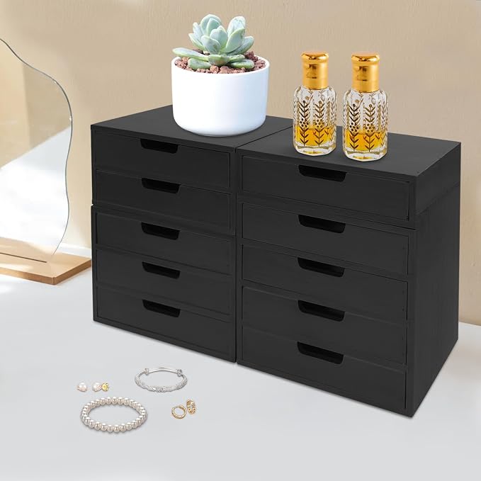4-Piece Wood Drawer Cabinet Set, Desktop Storage Organizers, 10-Drawer Tabletop Storage Organizer, Desktop Wood Stackable Drawer Cabinet for Home Office Dormitory(Black) - Image 8