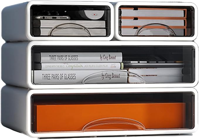 Desk Organizer with Drawers, Stackable Storage Drawers with Compartments Desktop Organization for Office Supplies, Makeup, Pencils, Tape, Erasers, Paperclips, Chargers (White 2S2M) by ZZFENGKR