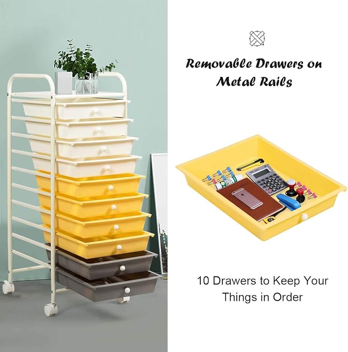 Giantex 10 Drawer Rolling Storage Cart Scrapbook Paper Office School Organizer (Beige+Yellow+Grey) - Image 5