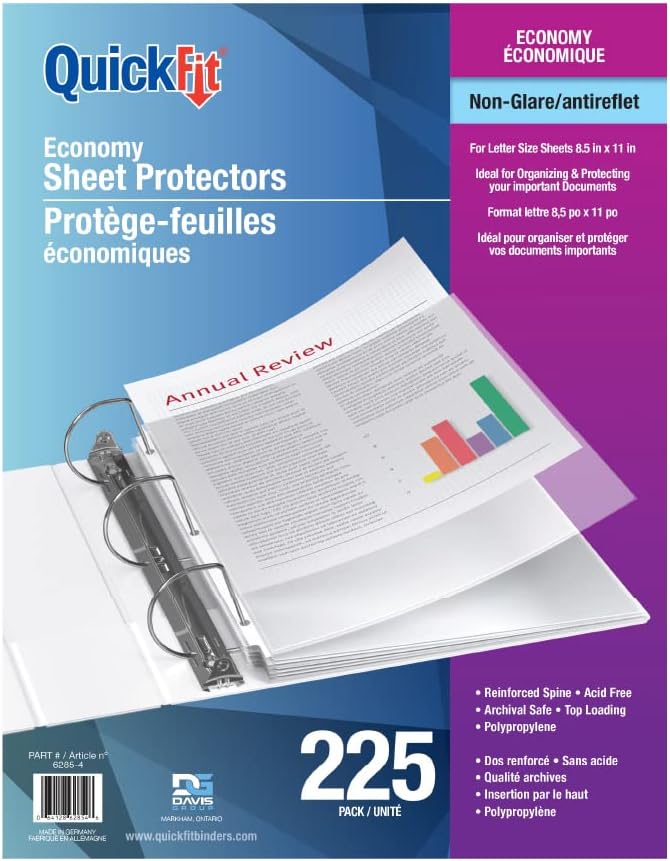 QuickFit Top-Load Sheet Protectors, Clear Page Protectors for 8.5-by-11-Inch Sheets, Top-Loader Binder Sleeves, 225 Sheets, Economy, Non-Glare by DAVISGROUP