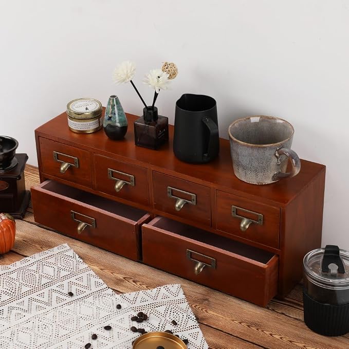 Apothecary Cabinet with Drawers, Apothecary Drawers, Brown 6 Wood Drawer | Vintage Wooden Storage Box Wood Desktop Organizer with Drawer, Library Card Catalog Cabinet - Image 2