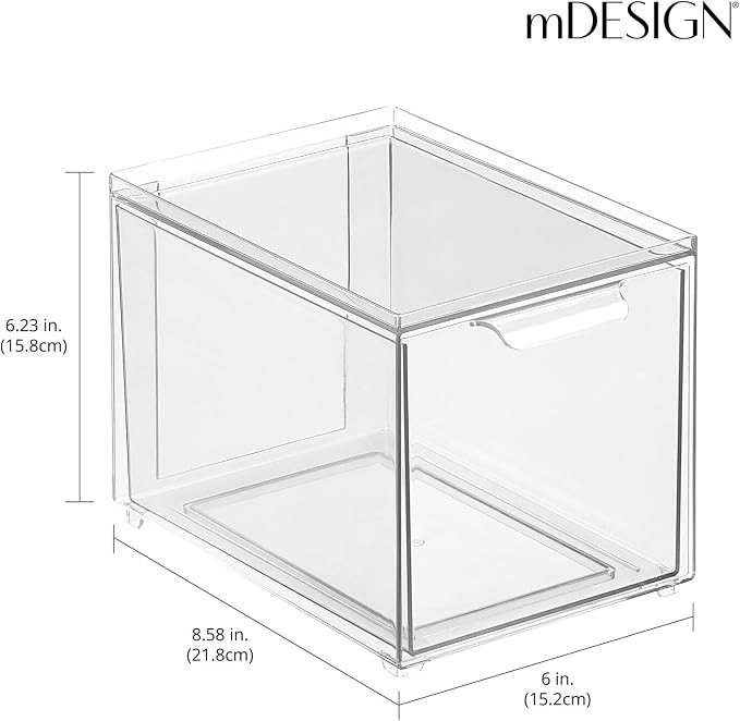 mDesign Plastic Bathroom Organizer Bin w/Pull Out Drawer - Slim Stackable Storage Container for Bathroom Accessories - Perfect for Organizing Bathroom Cabinet - Lumiere Collection - 2 Pack - Clear - Image 3