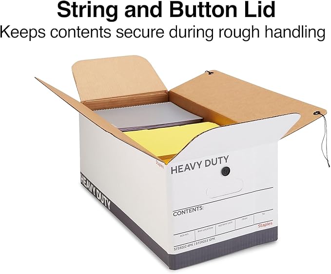 STAPLES Storage & Filing Box, Heavy-Duty with Handles & String-Button Lid, Letter Size Documents, Stackable, 4-Pack, White/Gray | Heavy-duty boxes with handles and string-button lid for document storage. - Image 3