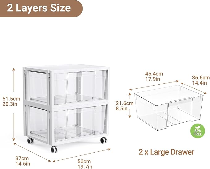 Stackable Storage Drawer Carts, Extra Large Bins 2 Tier 2 Drawers | Smooth Pull-Out Drawers, Clear Plastic Storage Organizer Container For Home Office Bedroom Bathroom Art Crafts Under Desk - Image 2