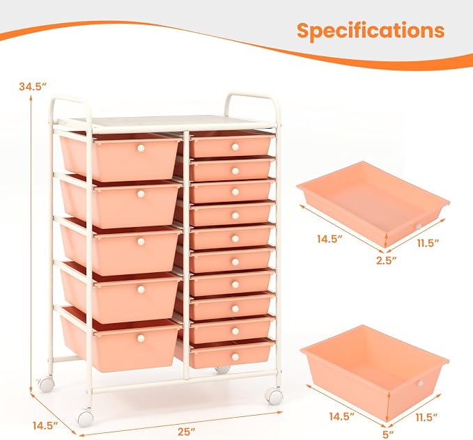 Giantex 15 Drawers Rolling Cart, Classroom Organizers, Storage Cart with Wheels, for Teacher Office Home School Supplies Tool Craft Art Paper - Image 3