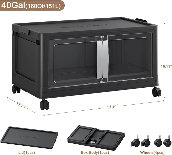 BROVIEW 160QT Stackable Storage Bins with Lids, 40Gal Extra Large Collapsible Storage Box with Wheel, Plastic Storages with Clear Door Open Front for Home Kitchen Garage, Black-1pack - Image 2