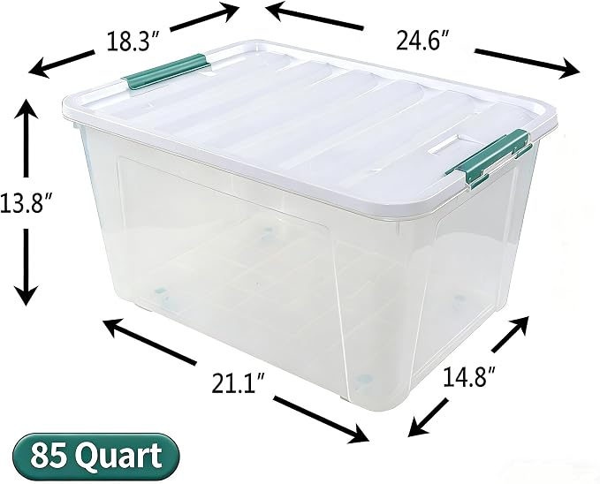 85 Qt Clear Plastic Storage Bins with Lids, 4 Pack Wheeled Boxes | Stackable & Nestable Large Storage Containers with Secure Latching Buckles, for Home, Office & Garage Organization - Image 2