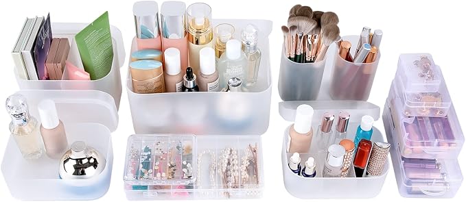 Makeup Organizer Case,Stackable Clear Makeup Organizer Holder, Multi-size Makeup Case Vanity Storage Holder Set for Makeup, Jewelry, toiletries,Makeup Artist Must Have by OCHEAL