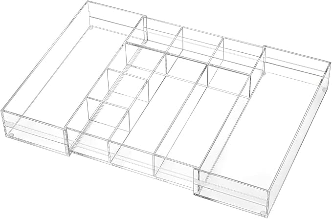 Briwooody Clear Acrylic Drawer Organizer Expandable,10 Compartments,Medium | 9'' up to 18'' x 12'' x 2.1'' Desk Drawer Organizer Trays Adjustable with Desk Accessories for Makeup Office Bathroom by Briwooody