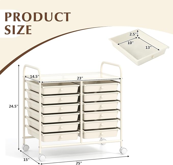 GOFLAME 12-Drawer Rolling Storage Cart, Multifunctional Art Craft Organizer Cart, Mobile Utility Storage Cart with Removable Drawers & Lockable Wheels, Craft Cart for Home Office School, White - Image 3