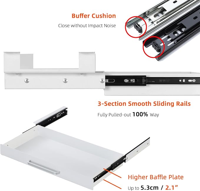Under Desk Drawer 21" with 4 Divider Trays, Storage Drawer Organizer | White, Under Counter, Desk Accessory, Attachable for Workbench, Adjustable Brackets, for Desk Lip with Crossbar, Clamp Mount - Image 6