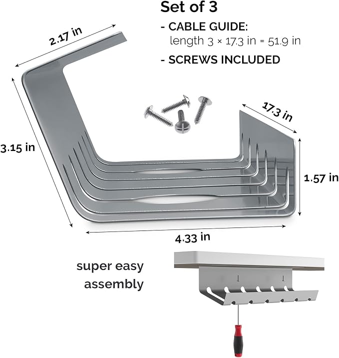 PAMO Cable Management Under Desk, Set of 3 - Grey/Silver | Easy under-table mounting keeps cables organized, includes 10 cable ties for a clean and tidy office or home workspace. - Image 3