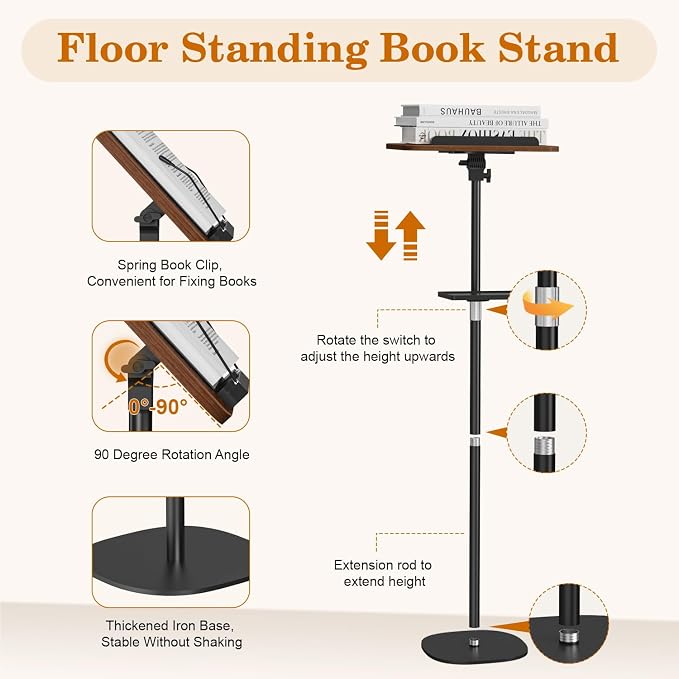Snughome Floor Book Stand with Removable Tray, Wood Standing Book Stand for Reading, Height Adjustment 21"-51", Music Stand Cookbook Stand Textbook Stand Laptop Stand Book Holder for Display - Image 6