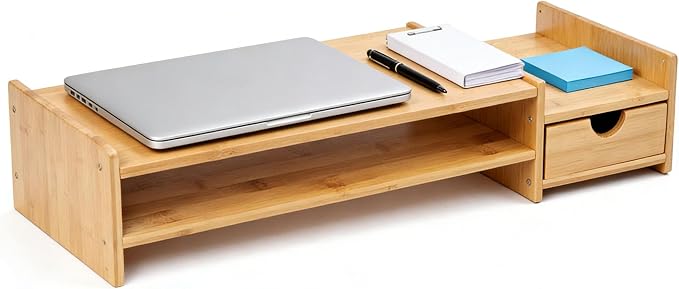 Bamboo 2-Tier Monitor Stand Riser with Drawers, Desktop Organizer for Laptop, Computer, Printer, Cellphone - Reduce Neck & Eye Strain, Office & Home Use - Image 2