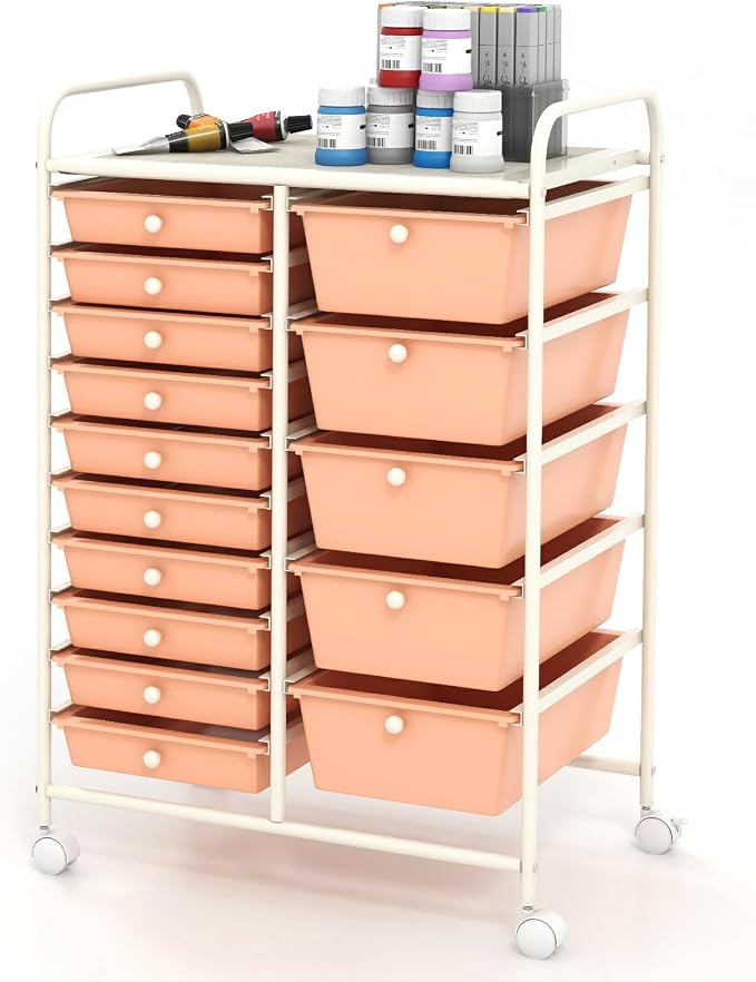 Moccha 15-Drawer Rolling Storage Cart - Under Desk Storage Drawers with wheels for Craft Art Supply Paper Salon, Scrapbook Paper Tools, Mobile Utility Cart for Classroom (15 Drawers, Peach) by LDAILY