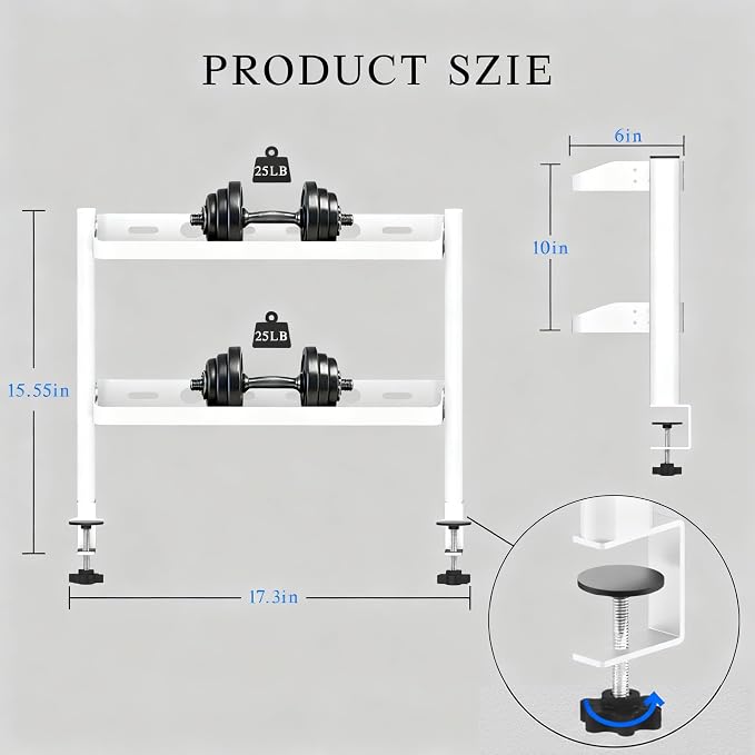 Clamp on Desk Shelf White, 2-Tier Office Desk Shelves Organizer, 17in Small Shelf for Top of Desk with Headphone Holder, Hooks, Desktop Storage Rack for Home Workspace, Study Rooms, Gaming Accessories - Image 2