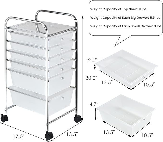 COSTWAY 6-Drawer Rolling Storage Cart, Art Craft Tools Organizer on Wheels | Multifunctional Heavy Duty Utility Mobile Storage Trolley w/ 2 Lockable Wheels for Home Office School (Clear) - Image 3
