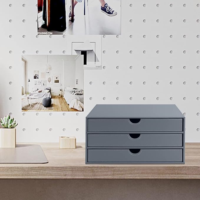 PU Leather Desk Organizer with 3 Drawers,Executive Office Supplies Desktop Filing A4 File Cabinet/Holder for Jewelry/Bill/Paper/Documents/Makeup Home Decor Stationery Storage Box,Grey - Image 2