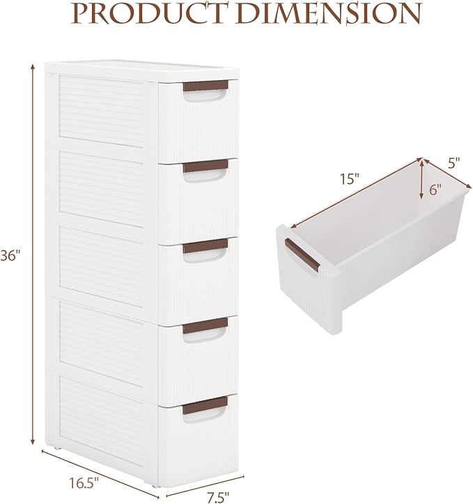 POWERSTONE 5-Drawer Plastic Storage Cart, Narrow Organizer Rolling Cart with 4 Wheels, Space-Saving Slim Mobile Utility for Bathroom, Office & Classroom - Image 3