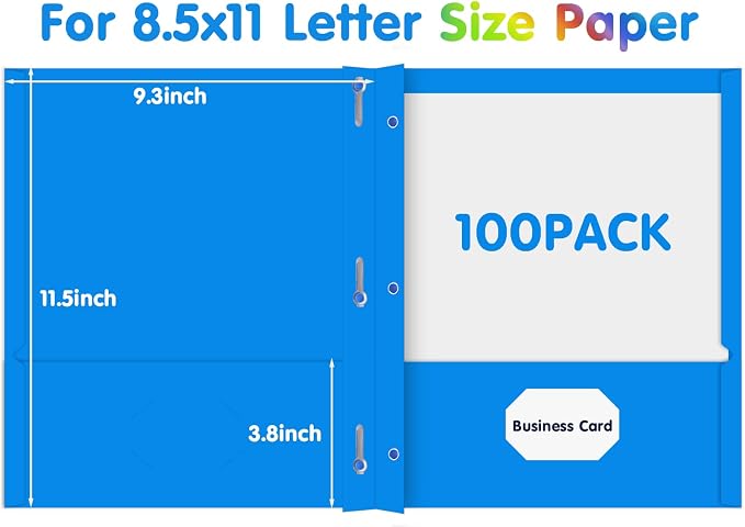 Two Pocket Folder, HERKKA 100 Pack 2 Pocket Folders with Prongs, Business Card Slots Letter Size Paper Folders Designed for Office and Classroom Use, Assorted 5 Colors - Image 2