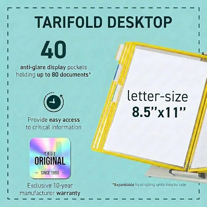 Tarifold Desktop Reference Display System, 40 Pockets, Expandable, Yellow | 40 double-sided PVC pockets, holds 80 letter-size sheets, sturdy metal base, quick-find indexing, quick and easy to assemble - Image 2