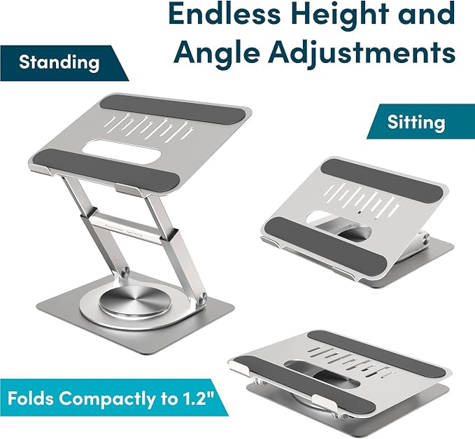 Lifelong 360 Rotating Adjustable Laptop Stand, 16" Tall Riser - Silver | Ergonomic Computer Stand with Swivel Base for 10-17" MacBook Pro & All Laptops- Portable Standing Desk Converter - Image 6