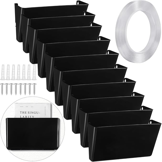 Tenceur 10 Pcs Single Pocket File Holder Wall Mount Black Plastic Pocket with Screws and Tape Hanging File Organizer Letter Holder for Back to School Letters Mail Magazine Office by Tenceur