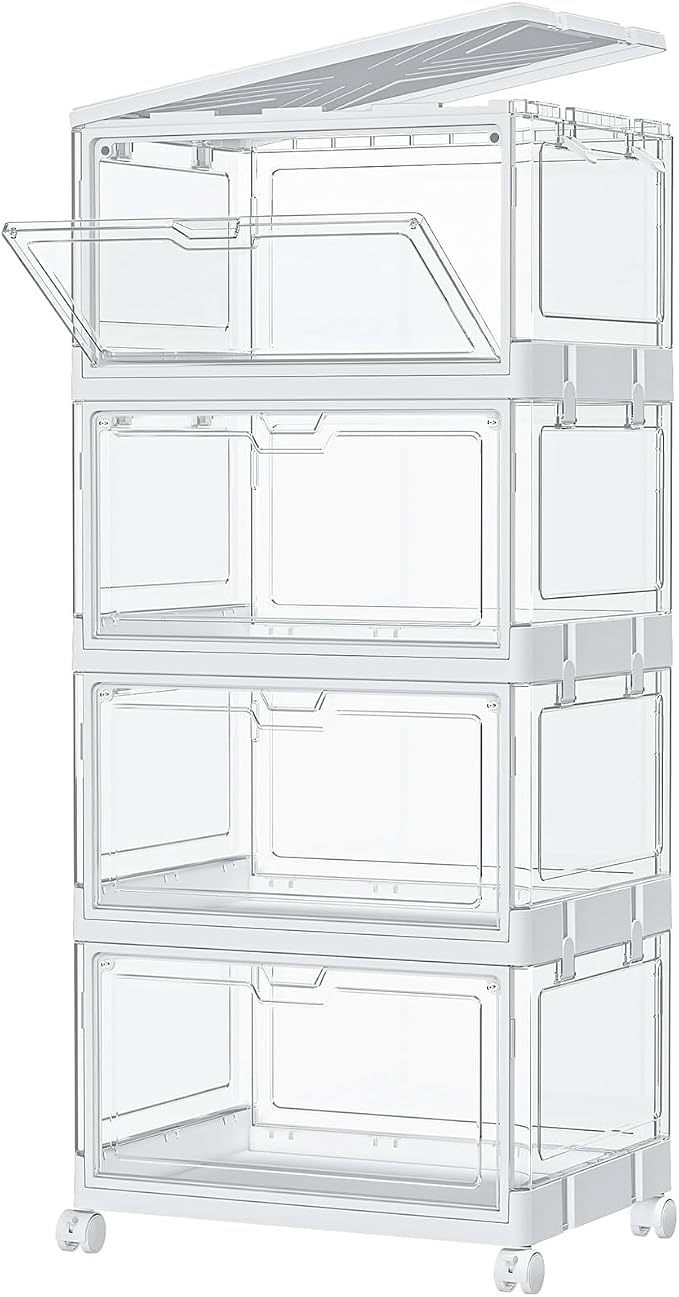 SNSLXH Clear Storage Bins with Lids & Wheels, Stackable Plastic Craft Containers, Large Closet Organizers Box for Bedrooms Living Rooms 24 QT, 4-Tiers by SNSLXH