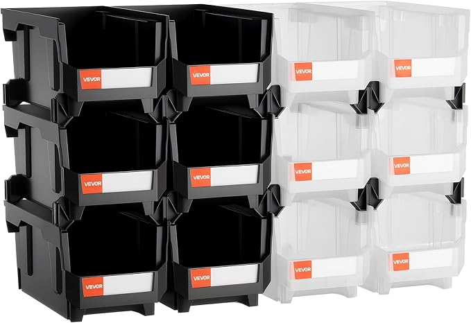 VEVOR Plastic Stackable Storage Bins, 14.8 x 8.5 x 7.1 inch (12 Pack), Plastic Containers for Organizing & Storage Bins for Garage, Small Parts, Office Supplies, Other Accessories, Black & Transparent - Image 9