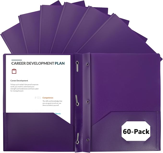 60-Pack Plastic Folders with Pockets and Prongs, 2-Pocket Poly Folders with 3 Fasteners Holds 8-1/2" x 11" Paper for School/Office/Home, Purple by EEHZTSIOFFICE