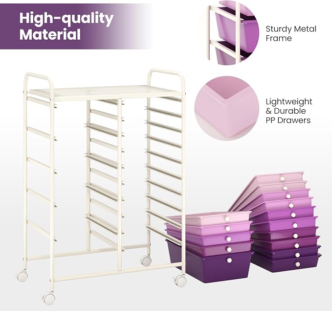 Giantex 15 Drawers Rolling Cart, Classroom Organizers, Storage Cart with Wheels, for Teacher Office Home School Supplies Tool Craft Art Paper, Purple Gradient - Image 7