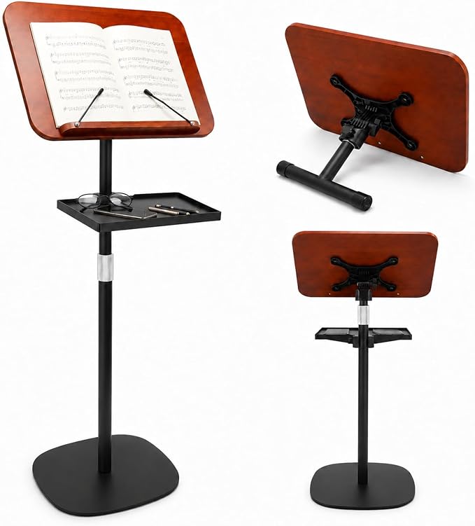 2-in-1 Dual-Use Music Stand & Desktop Book Stand with Storage Tray, Adjustable Height 22"-51" Solid Wood Book Holder with Page Clips, Laptop Floor Stand for Cookbooks, Sheet Music, Bible, Tablet by Unknown