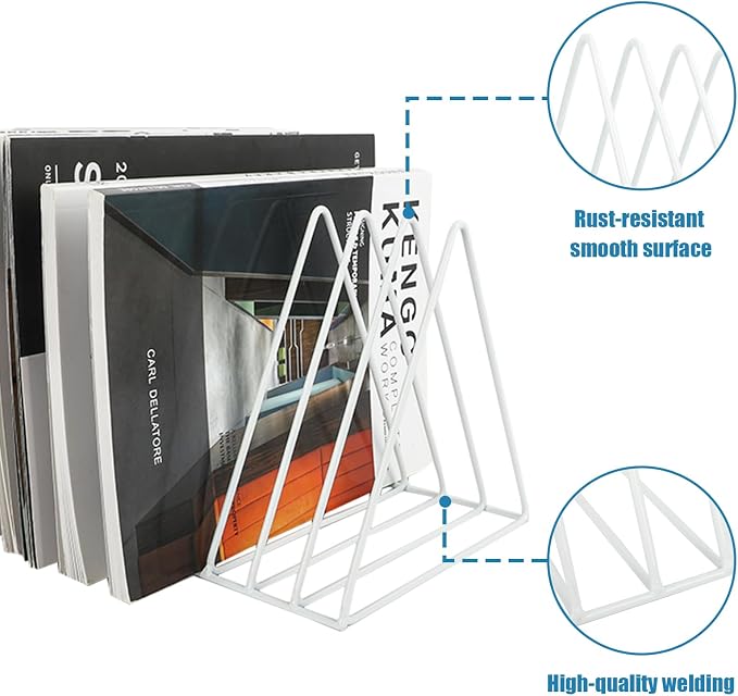 Vinyl Record Holder Storage, 9 Slot Metal Magazine Book Album Display Rack, Stylish Triangle Desktop File Sorter Organizer for Home Office, White - Image 4