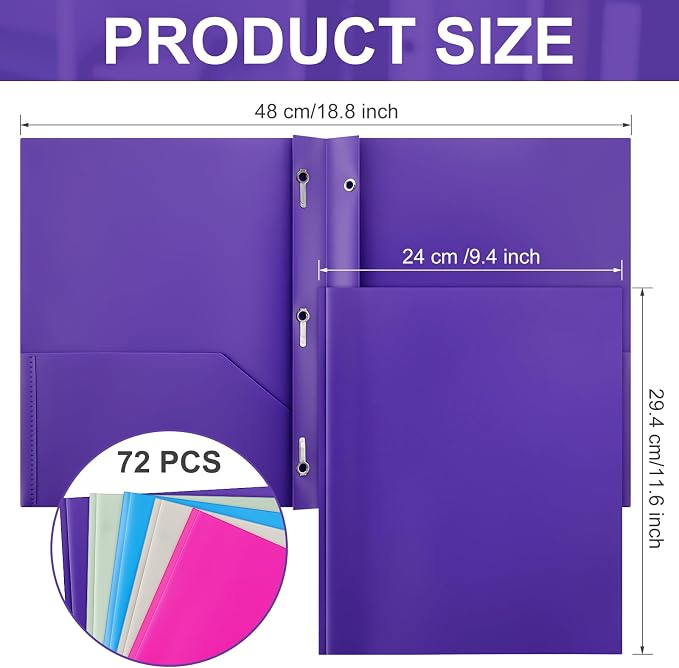 Cholemy 72 Packs Pocket Folders with Prongs Heavy Duty Plastic Folder with Business Card Slot 3 Prong Fasteners for School Office (Soft) - Image 2