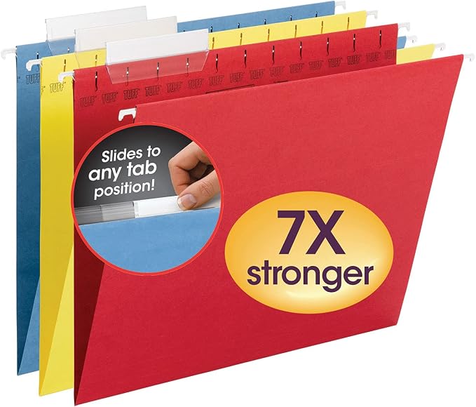 Smead TUFF Hanging File Folder with Easy Slide Tab, 1/3-Cut Sliding Tab, Letter Size, Assorted Primary Colors, 15 per Box (64040, Rod Color May Vary) by SMEAD
