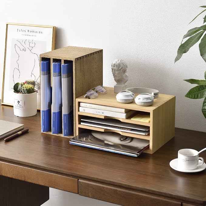 KIRIGEN Wooden Desk Organizer 3-Tier Letter Tray and Paper Sorter, Natural | Solid Wood Paper Tray Document Holder Organizer for Letters, Files, Folders, Mail, Magazines and Office Supplies - Image 9
