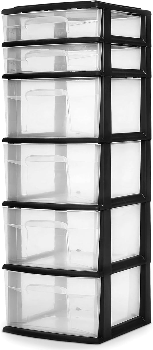 HOMZ Drawer Tower, 6-Tier Storage Cart with Removable Wheels, Black Frame | Plastic Organizer with Clear Bin Drawers for Bedroom, Bathroom, Home Office, and Dorm Rooms by Homz