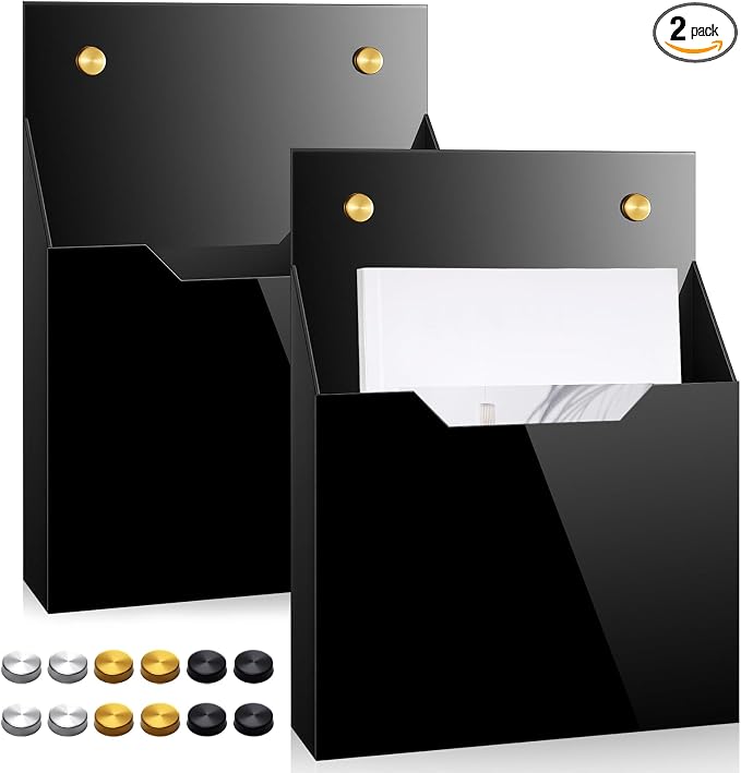 Feifeiya 2 Pcs Black Acrylic File Holder Wall Mount Mail Magazine Organizer File Holders with Screw Wall Office Document Storage Magazine Brochure (12.6"x9.5"x2.4", Widening Vertical, Black) by Feifeiya