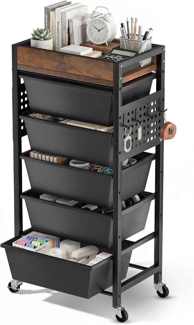 6 Tier Rolling Cart with Drawers, Plastic Drawer Storage Craft Cart with Pegboards & Hooks, Metal Utility Cart with Wheels & Wooden Tabletop, Classroom Office Art Supply Organizers and Storage, Black by TimeForest