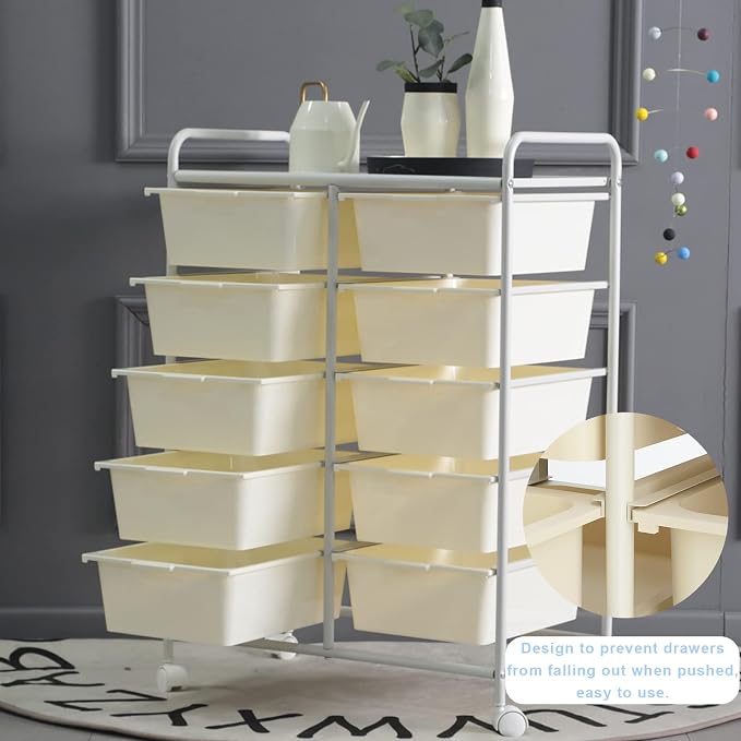 Ytaoka Rolling Cart with 10 Drawers, Plastic Drawer Cart with Metal Frame, Multipurpose Art Craft Cart Organizer with Wheels, Utility Cart with Drawers for Home, Office, School, White - Image 5