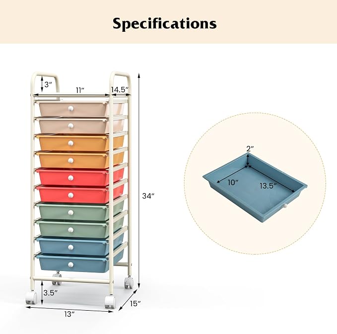 Giantex 10-Drawer Rolling Storage Cart w/Wheels, Handle, Removable Drawers, Mobile Organizer Storage Unit, Trolley Utility Cart for Home Kitchen Makeup Living Room Office Play Room - Image 3