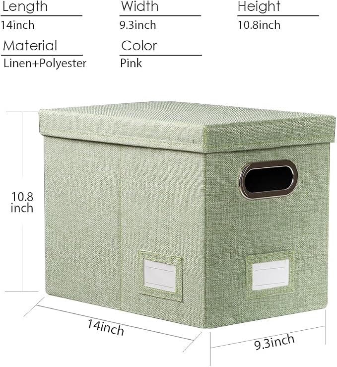 File Organizer Box - Set of 2 Collapsible Decorative Linen Filing Storage Hanging File Folders with Lids Office Cabinet Letter Size Green (14x9.3x10.8 inch) - Image 7