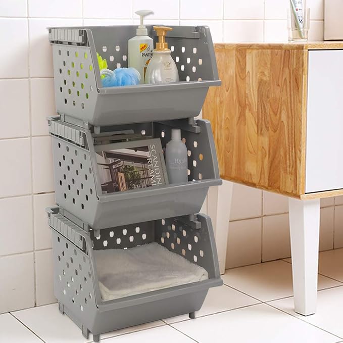 3-Pack Plastic Stacking Open Front Organizer Baskets, Gray | Durable stackable storage bins with modular design, large capacity, for pantry, closet, kitchen & garage organization - Image 6