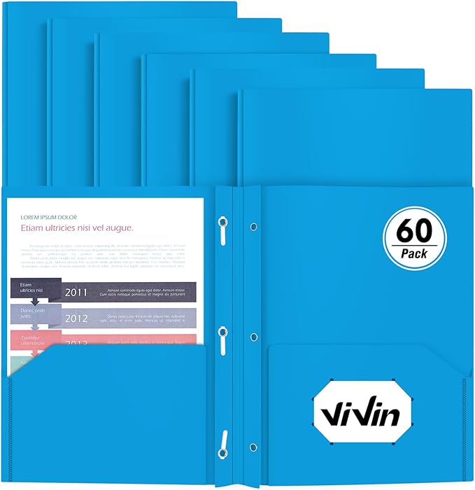 Heavy Duty Plastic Folder, 60 Pack, Pocket Folder with brads, Letter Size Poly File, Plastic Folders with 3 Prongs Fasteners - Sky Blue by ViVin