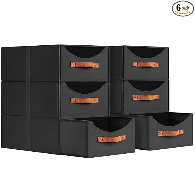 Stackable Storage Drawers - Large Collapsible Storage Bins with Drawers, 6 Pack Closet Shelf Organizer Basket, Fabric Pull Out Organizer for Bedroom, Living Room, Dorm, Black by Homsorout