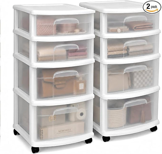 HOMZ Drawer Tower, 4-Tier Storage Cart with Removable Wheels, White, 2 Pack | Plastic Organizer with Clear Bin Drawers for Bedrooms, Bathrooms, Home Offices, and Dorm Rooms by Homz